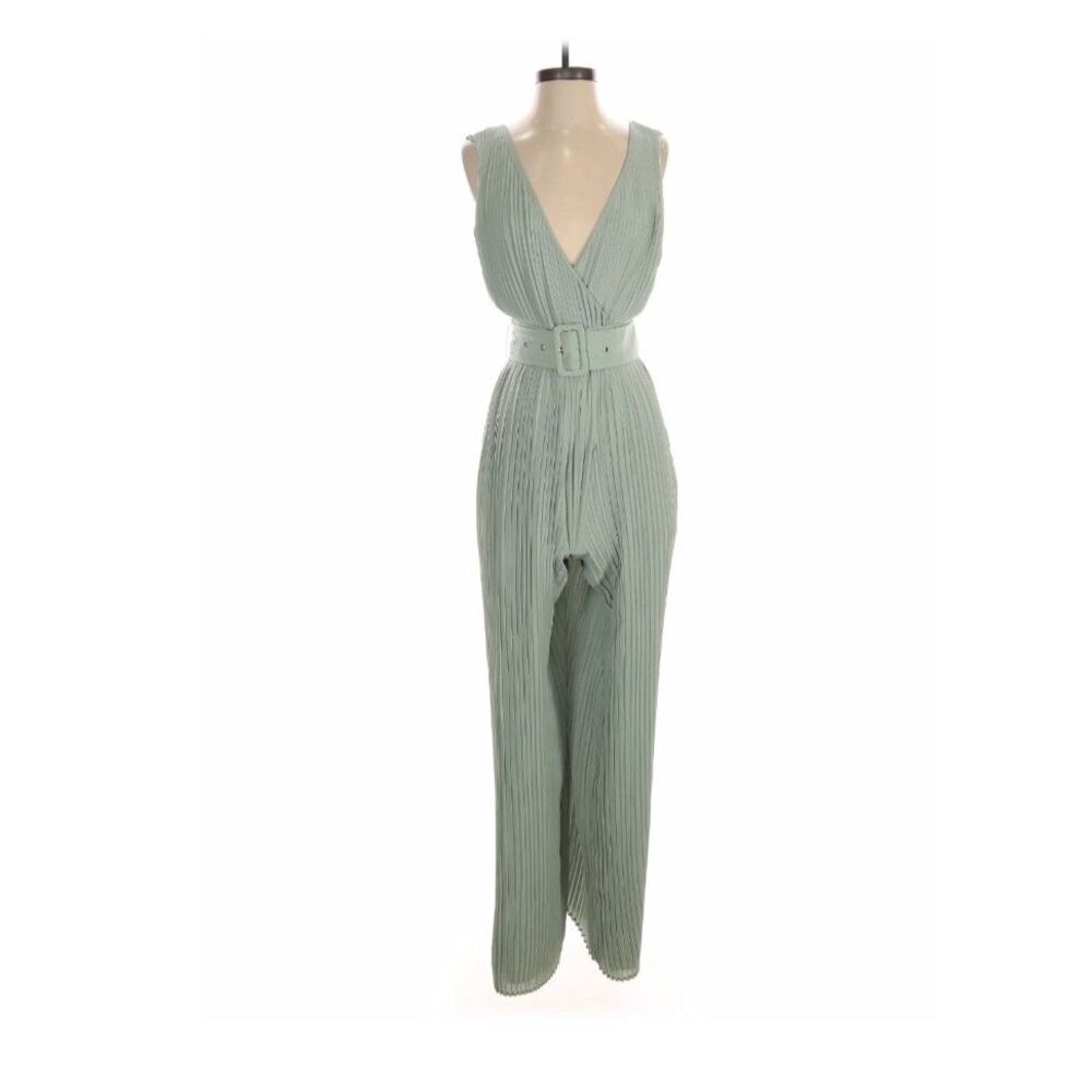 On Twelfth Sage Green Pleated Wide Leg Belted Jumpsuit Sleeveless M